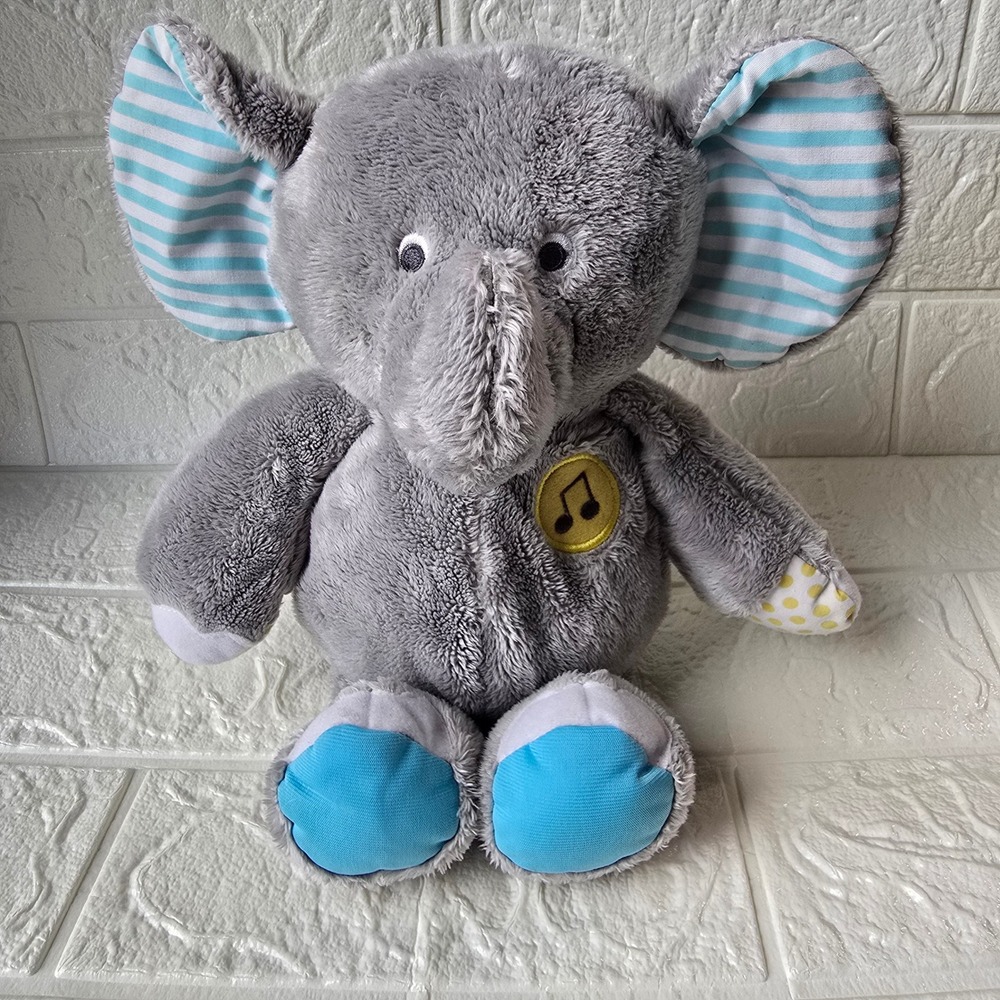 Carters Musical Elephant Plush Toy Medium Grey Blue Striped Ears‎ Nursery